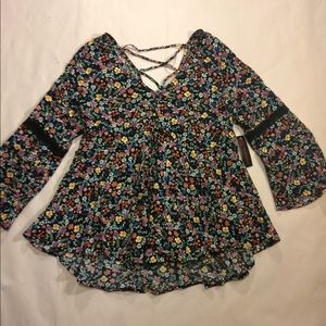 Floral Long-Sleeve Blouse w Lace-Up Back Size L